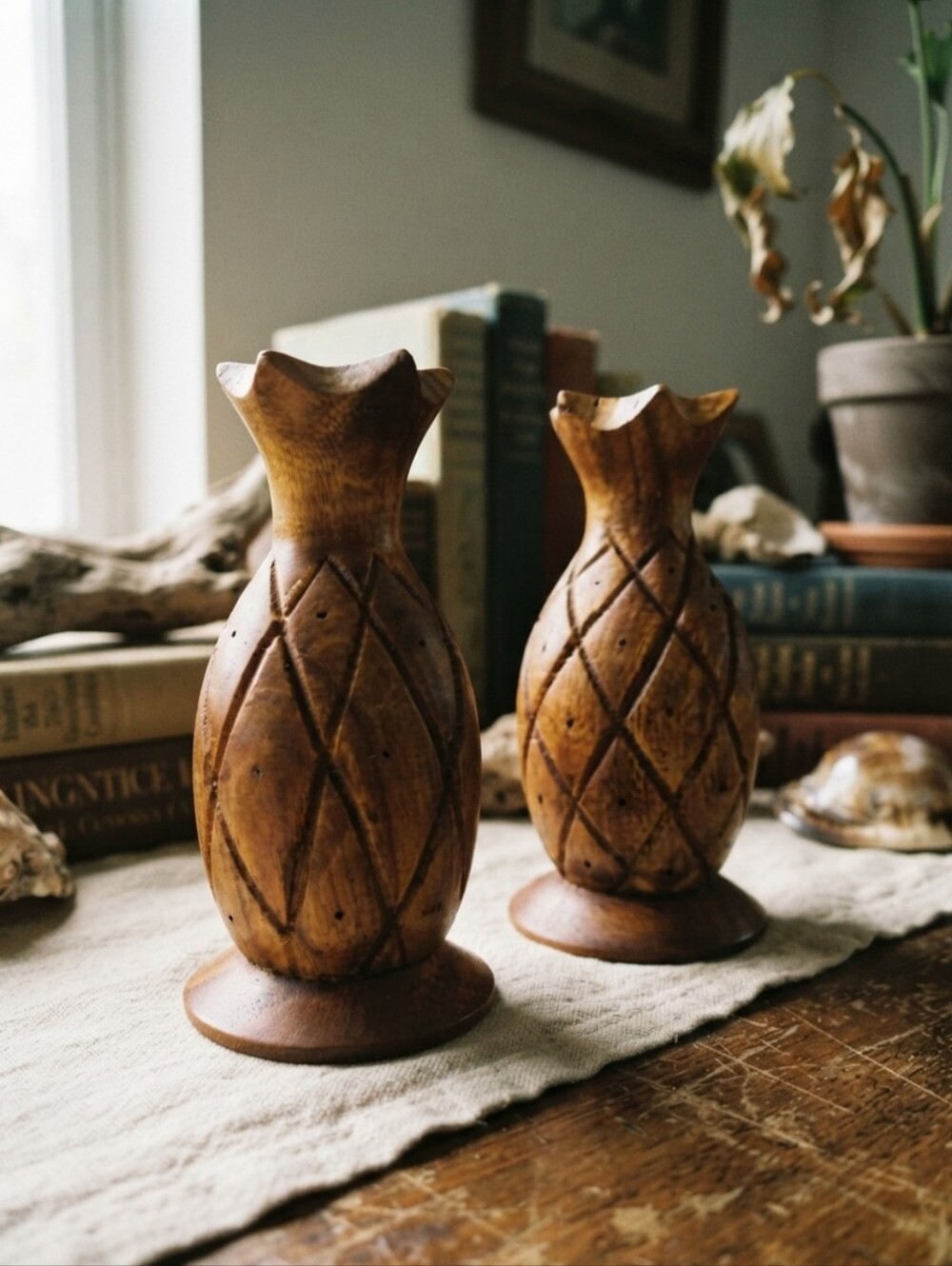 Vintage Monkey Pod Wood Pineapple Bookends Statues Set of 2